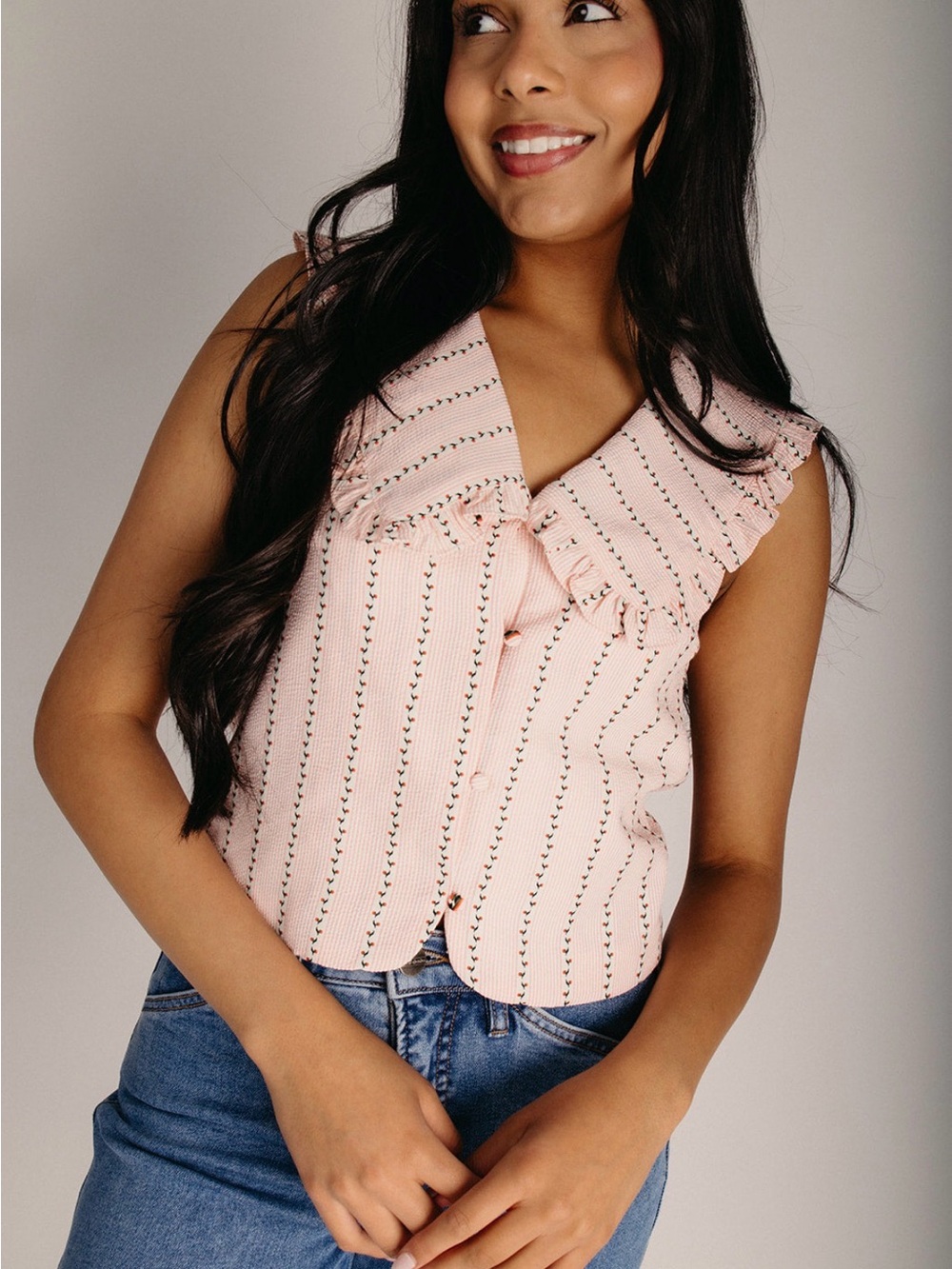 Ruffled V-Neck Pink Sleeveless Knit Top